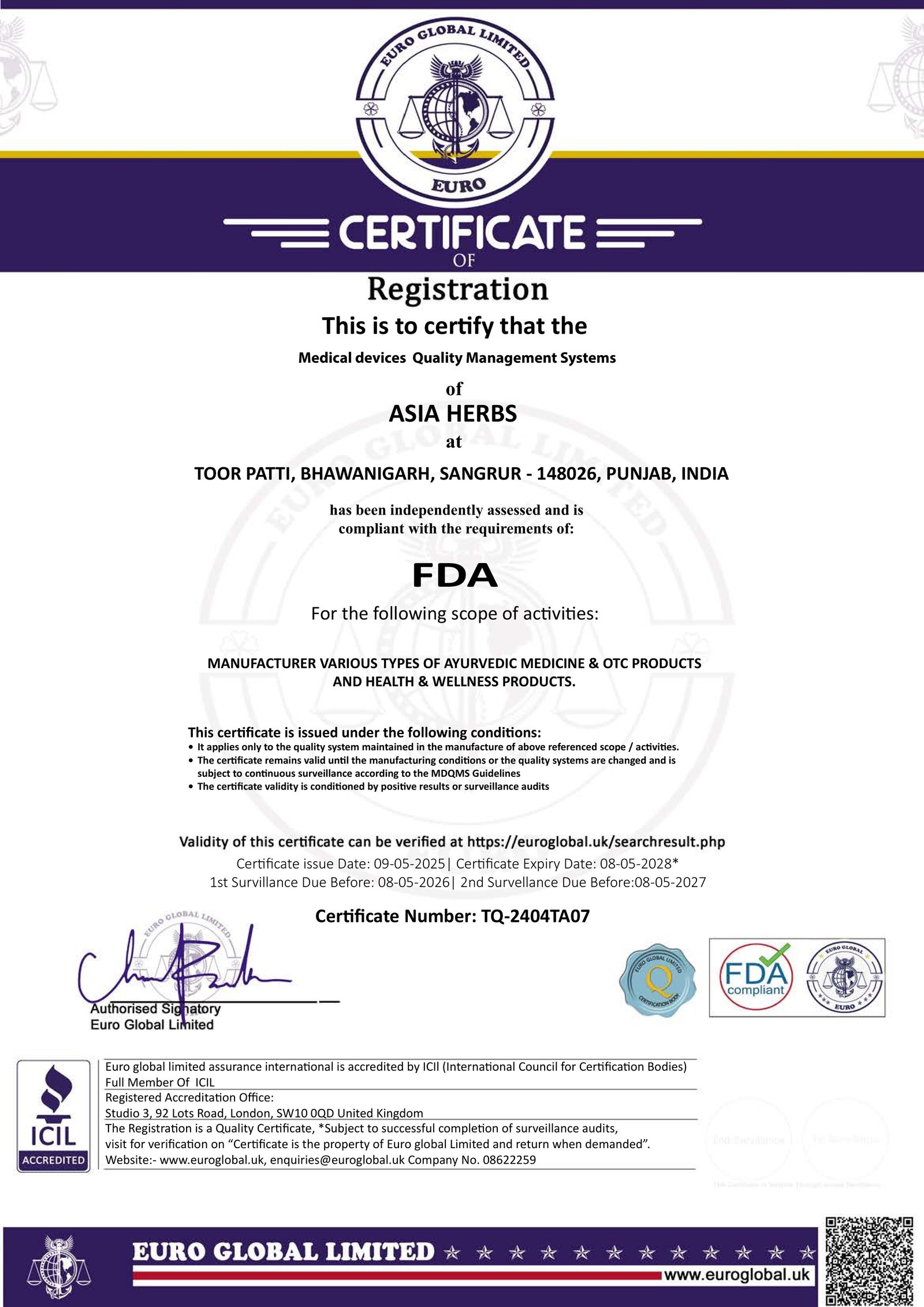 US FDA Facility Registration Certificate